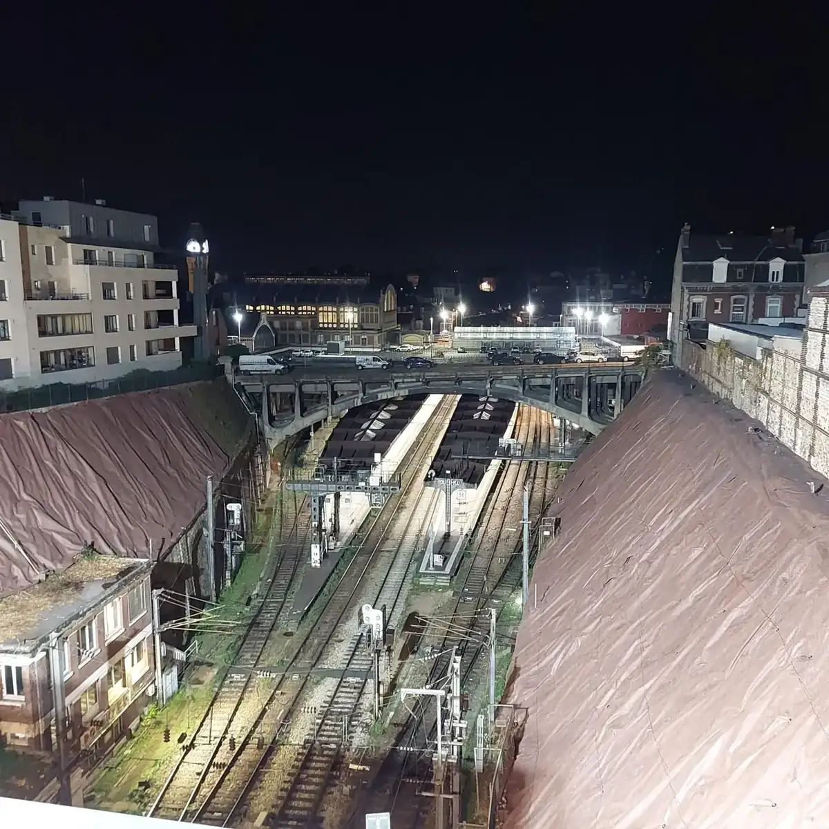 Pose de bâche anti-végétative sur talus surplombant les voies — gare de Rouen
