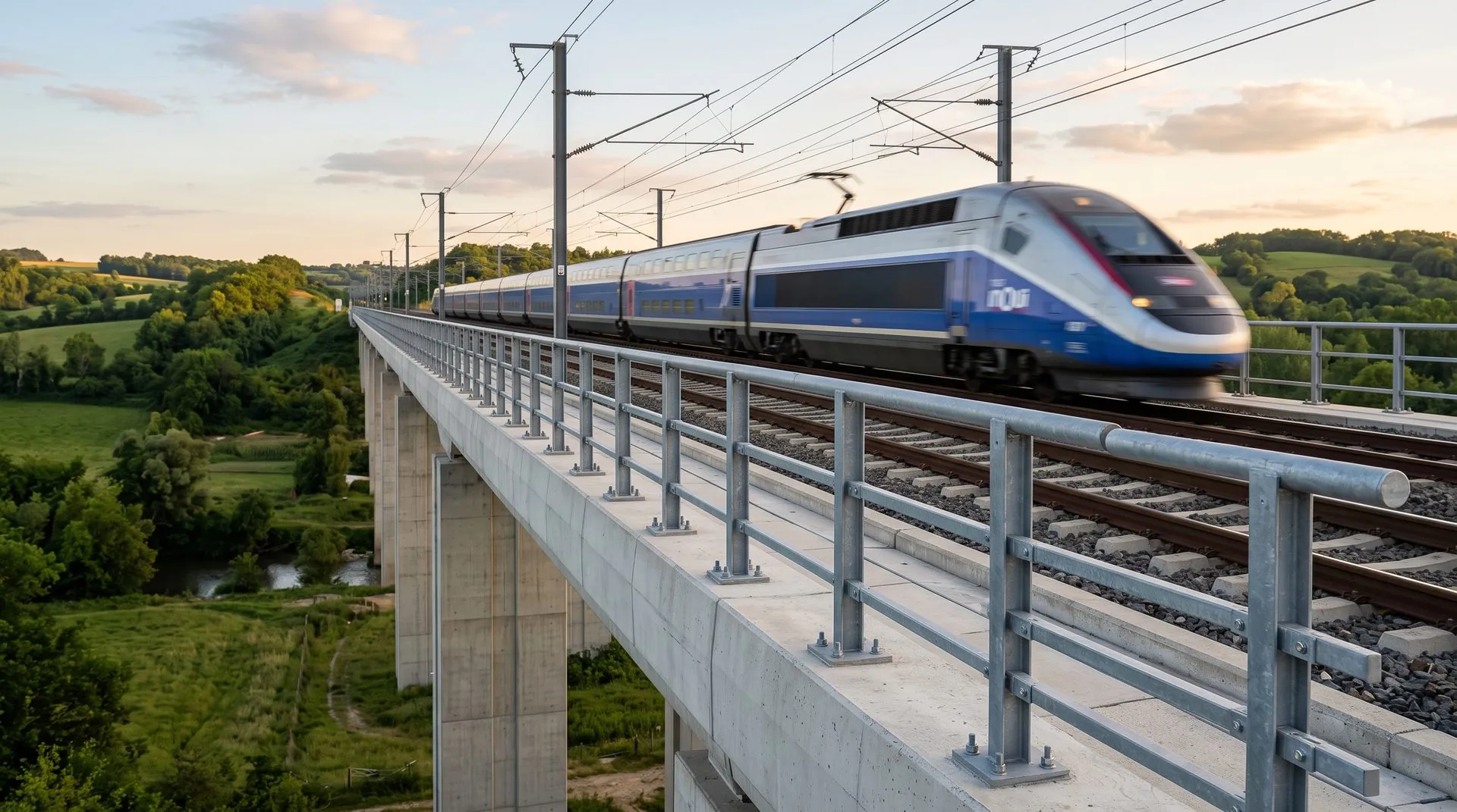 TGV passant sur un viaduc LGV équipé de garde-corps posés par SEKA