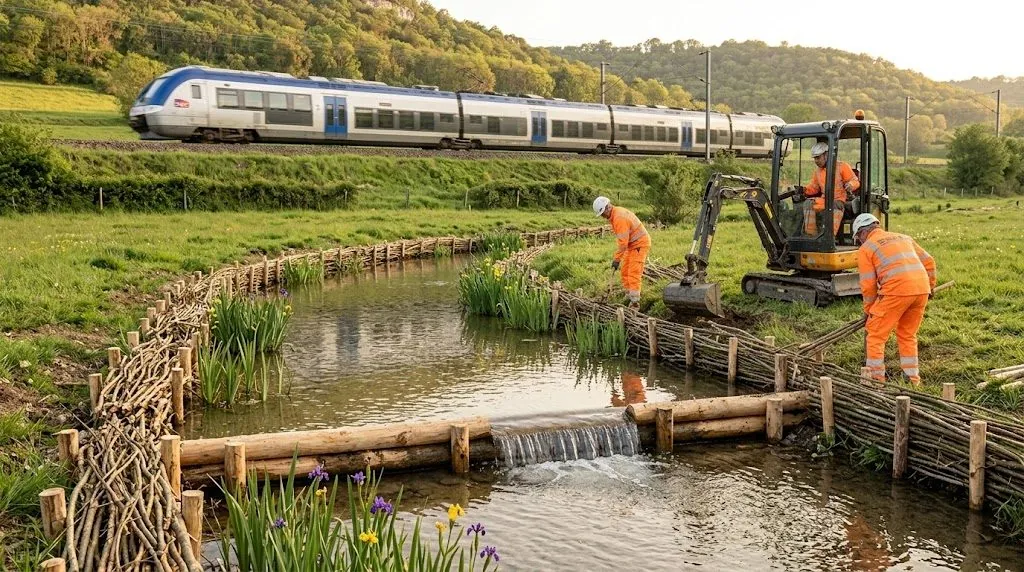 Équipe SEKA réalisant des fascines de génie végétal au bord d'un cours d'eau, train en arrière-plan