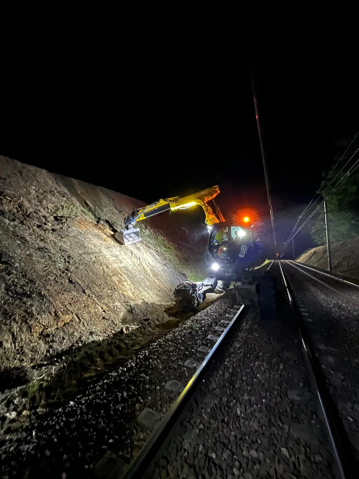 Rebouchage de cavités d'animaux fouisseurs de nuit avec pelle rail-route — Villepreux